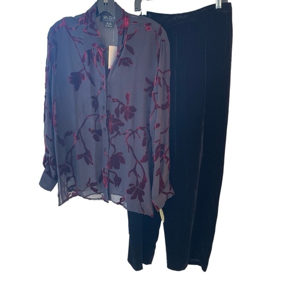 New Silk Club Burnout Red Velvet Button Down Blouse Black Pant Set Women M - Picture 8 of 8